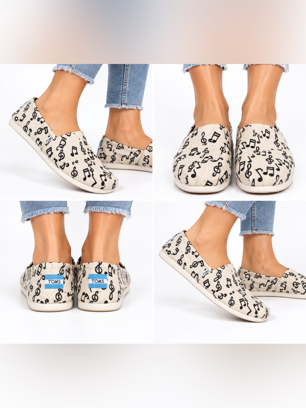 TOMS Size 7 Women’s Cream Music Note Canvas Slip-Ons